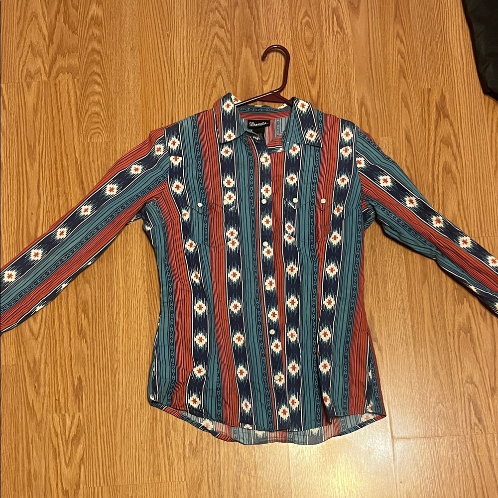 Wrangler Women's Red and Blue Striped Button Down Shirt